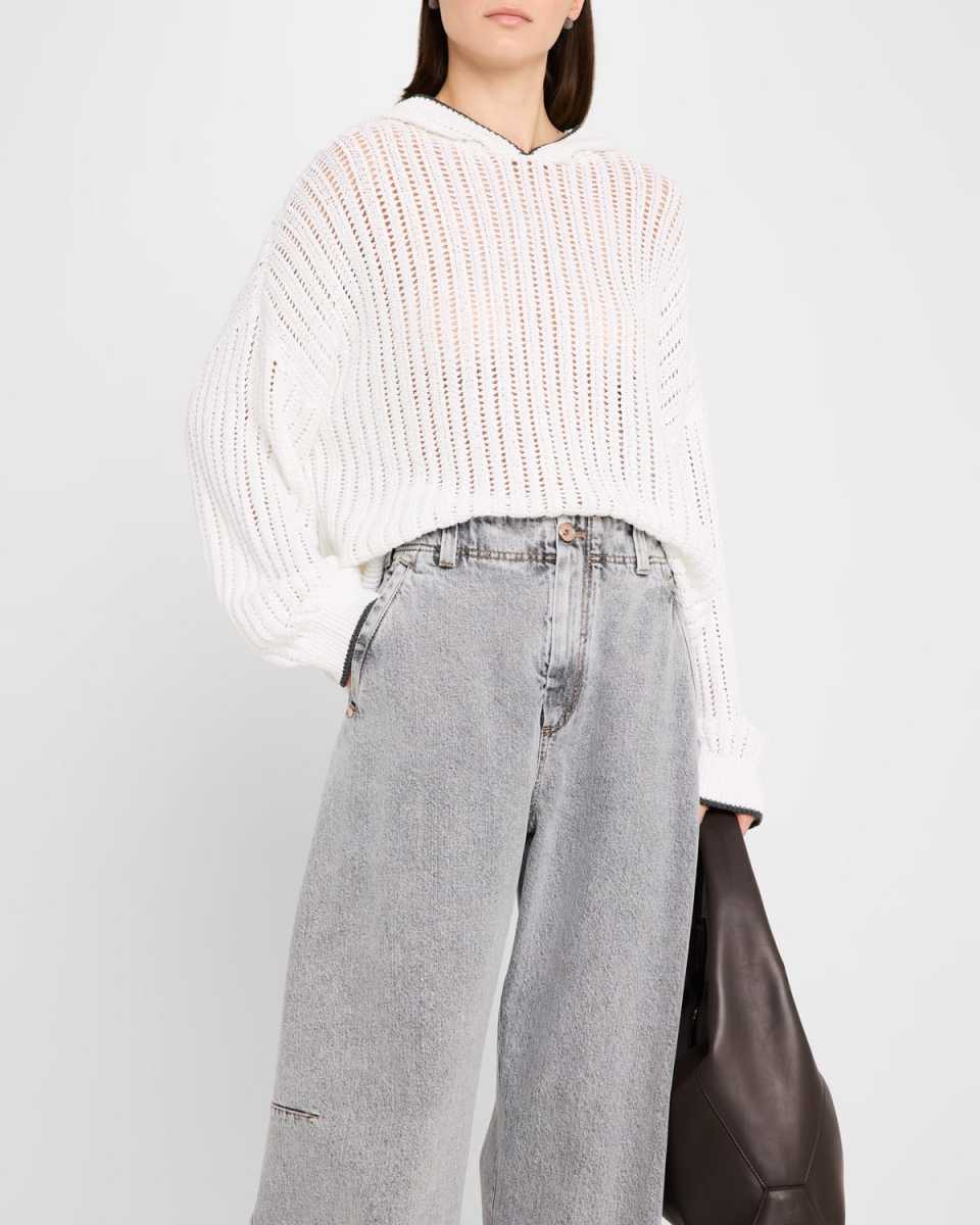 Tipped Edge Lattice Open Weave Knit Hoodi